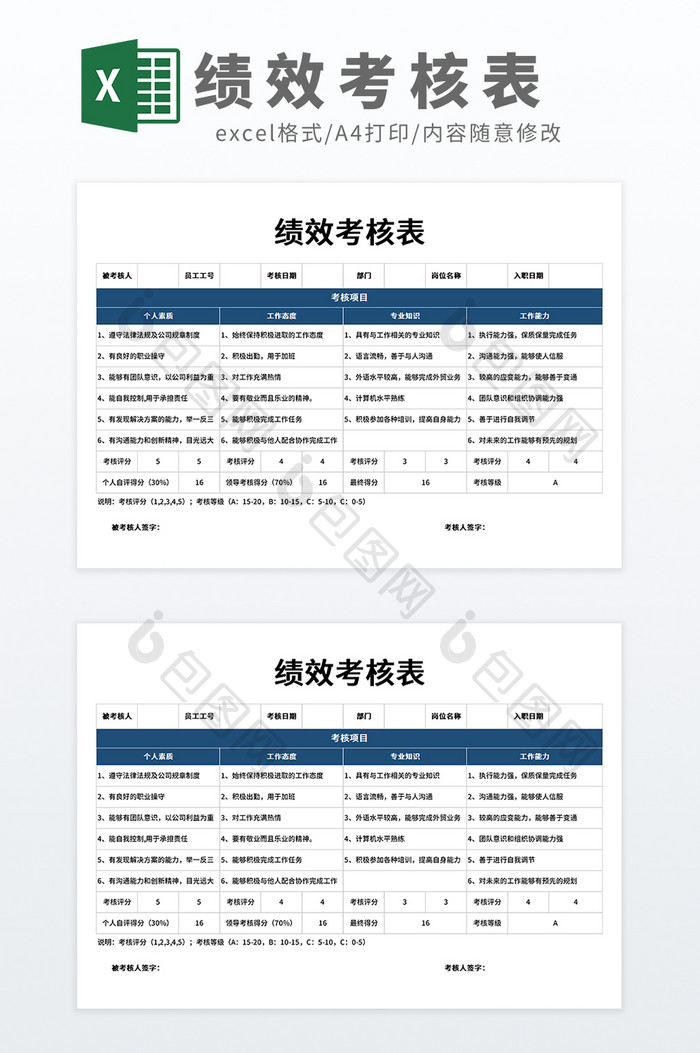 销售KPI绩效考核表Excel模板