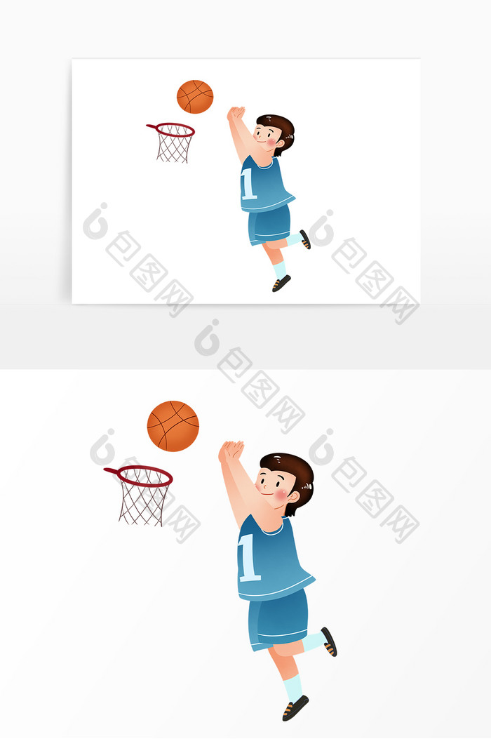 卡通男孩投篮打篮球