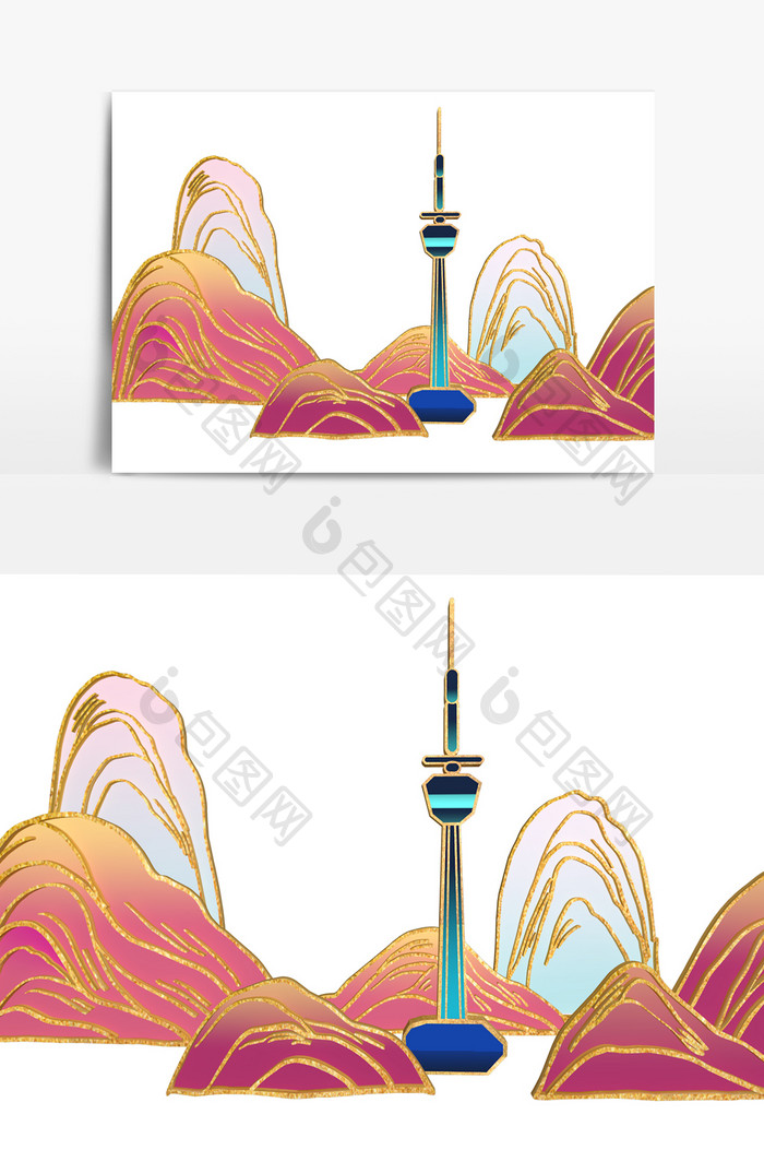 国潮鎏金山水西安电视塔C4D元素