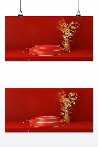 复古中国风节日活动C4D商品红色场景海报图片