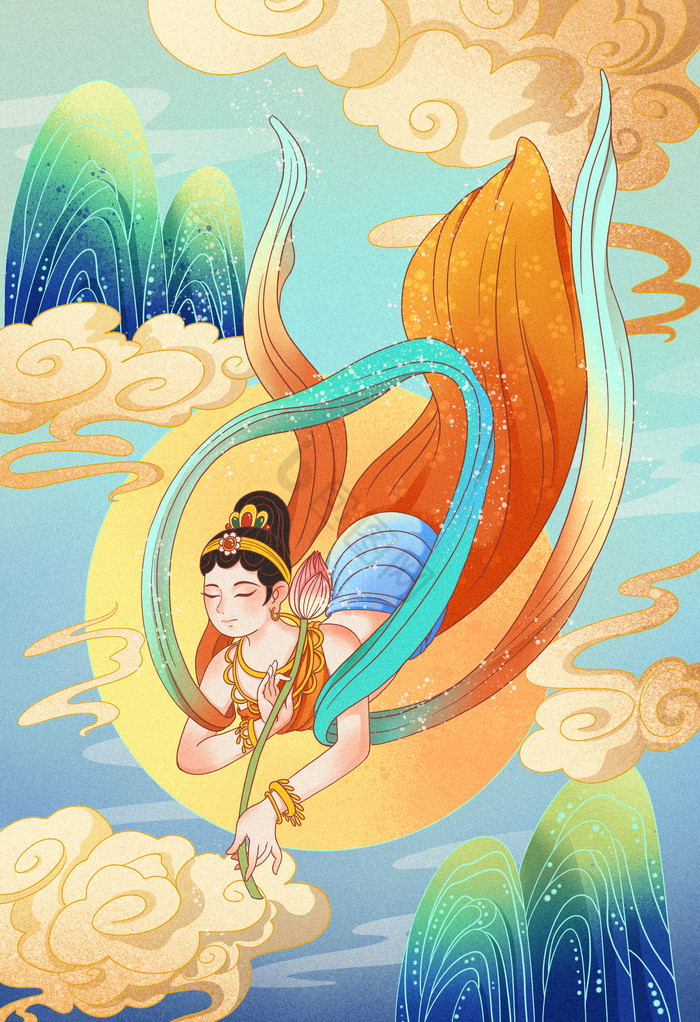 敦煌飞天荷花插画