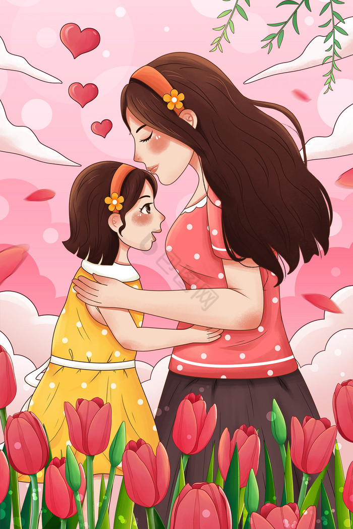 母亲节母亲亲吻孩子拥抱母亲母爱康乃馨插画图片