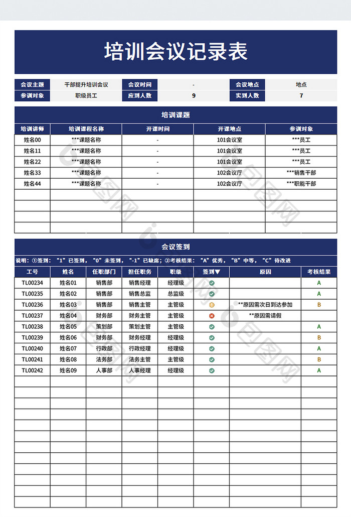 带公式自动化可视化培训签到考核记录表