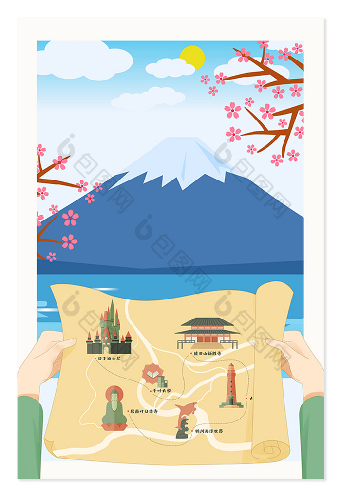简约卡通地图旅行日本旅游富士山 背景下载 包图网