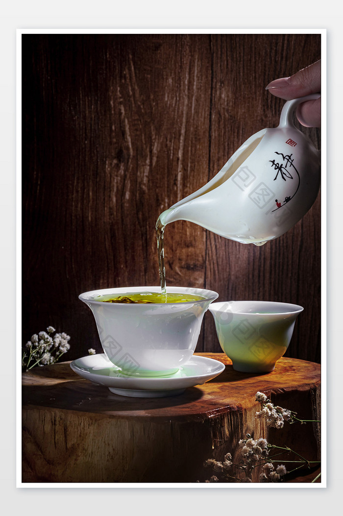 茶道茶盏绿茶冲泡摄影图片