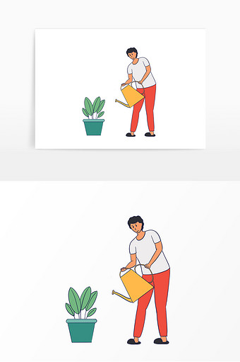 卡通手绘居家浇花女人