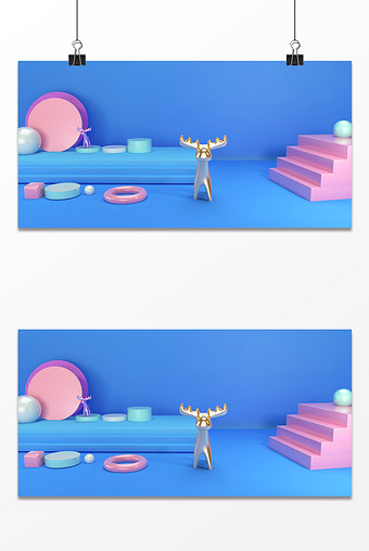 C4D蓝色卡通立体背景 小鹿动物场景图片