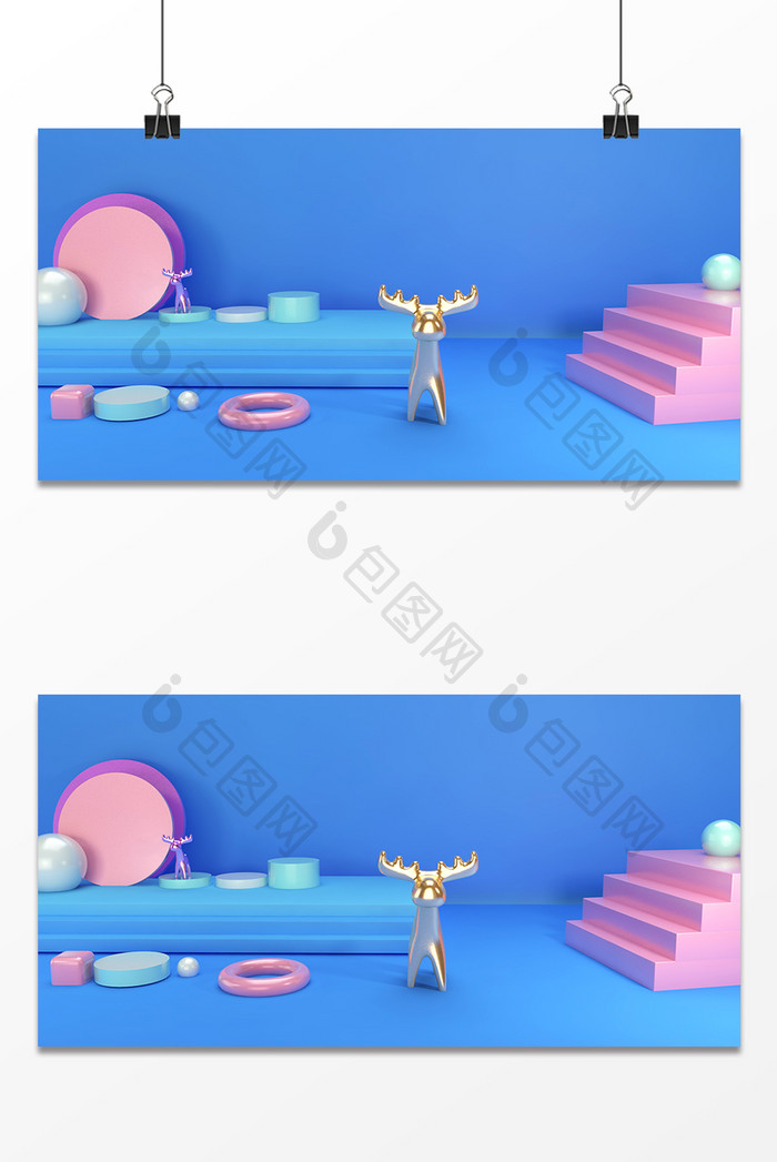 C4D蓝色卡通立体背景 小鹿动物场景
