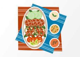 卡通矢量写实泰式柠檬虾番茄蘸酱美食元素