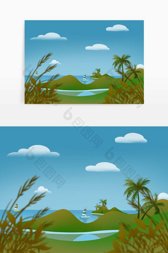 卡通旅游度假椰子树帆船冲浪海岛海洋元素图片