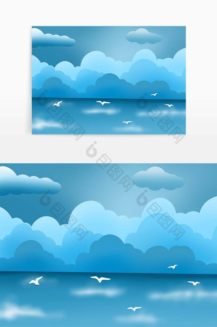 卡通旅游度假平静海面云彩海鸥海洋元素