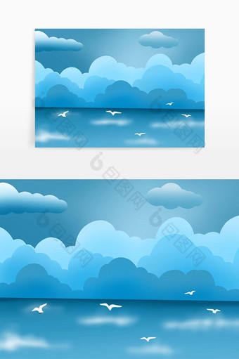 卡通旅游度假平静海面云彩海鸥海洋元素图片