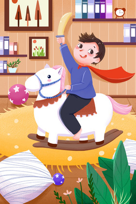 六一儿童节小朋友骑木马玩游戏欢乐插画图片