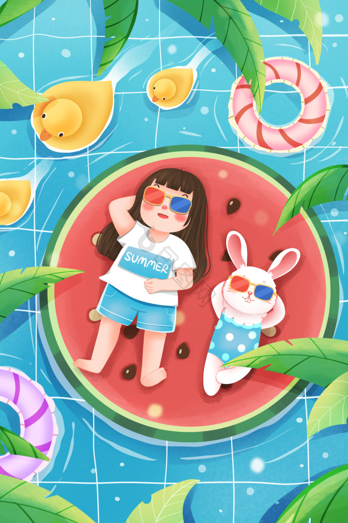 夏至泳池西瓜度假的女孩和兔子插画