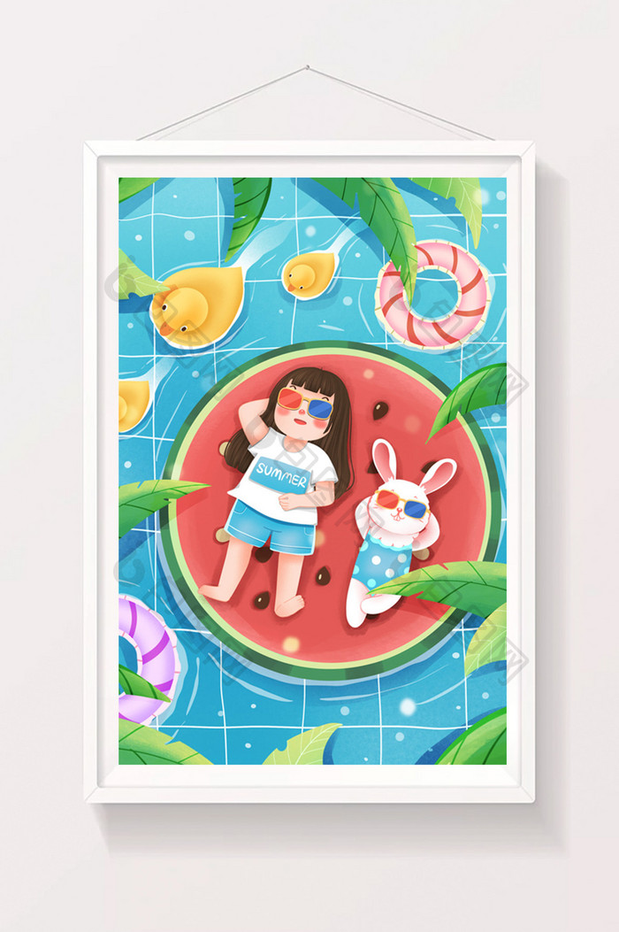 夏至泳池西瓜度假的女孩和兔子插画
