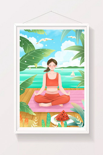 夏天夏至养生在海边练瑜伽插画图片