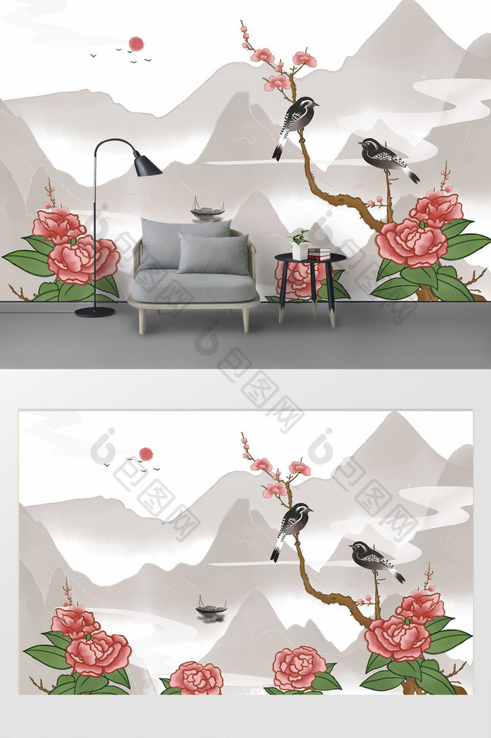 新中式工笔花鸟定制客厅电视背景墙图片图片