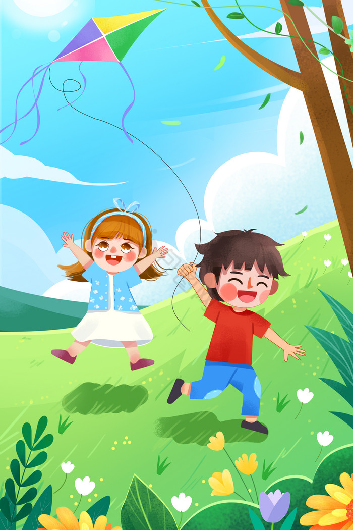 草地放风筝儿童节插画图片