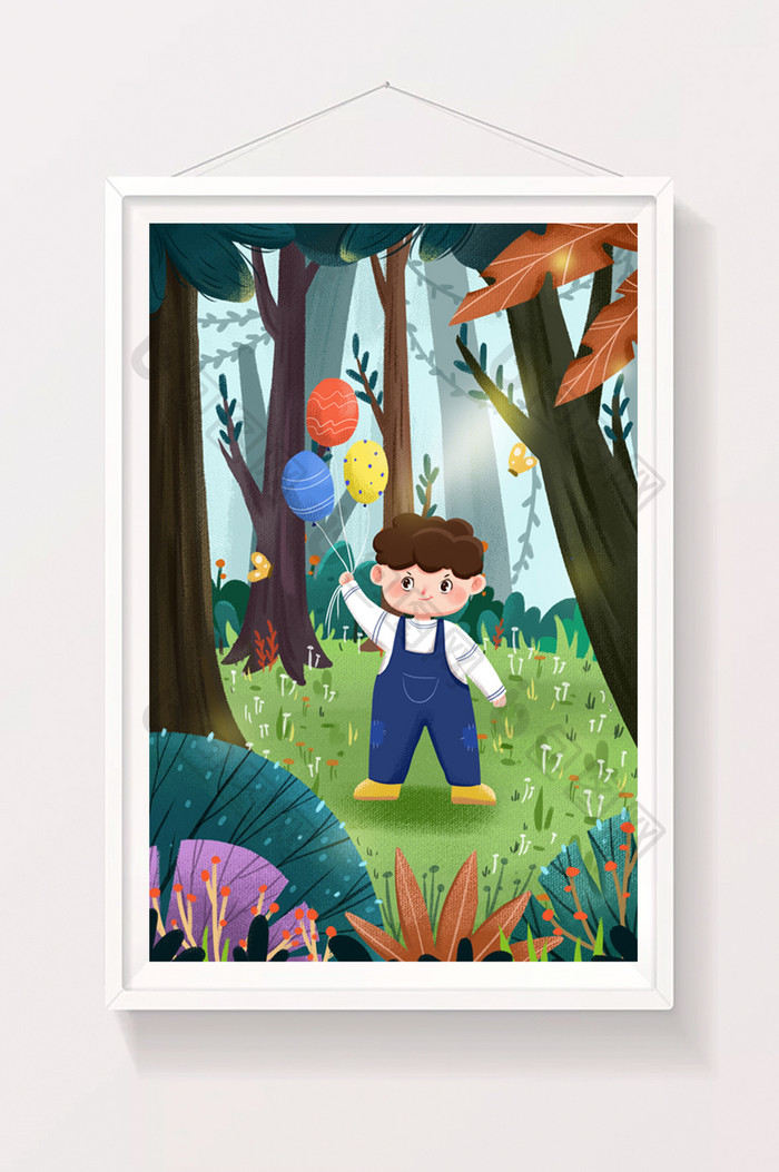 儿童节小男孩树林气球游玩郊外花卉阳光插画