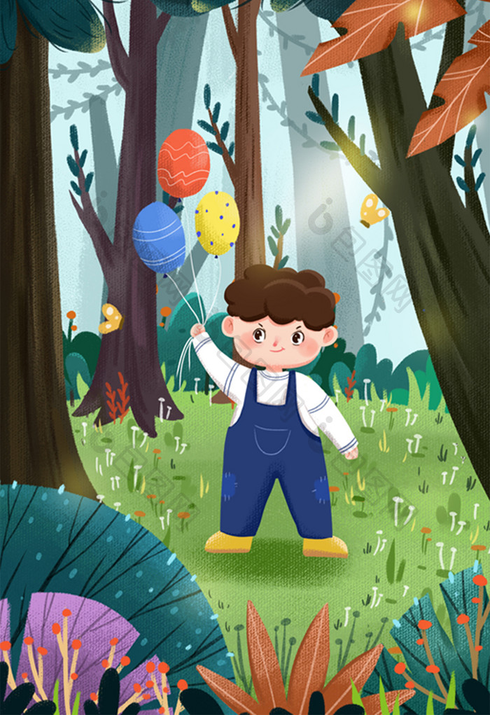 儿童节小男孩树林气球游玩郊外花卉阳光插画