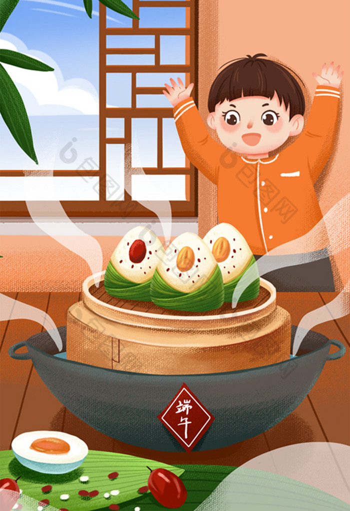 节气端午节蒸笼粽子肉粽香气铁锅插画图片