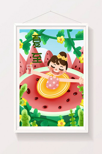 绿色夏至节气女孩在西瓜泳池里玩耍插画图片