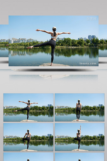4K实拍瑜伽运动员湖边锻炼视频素材图片