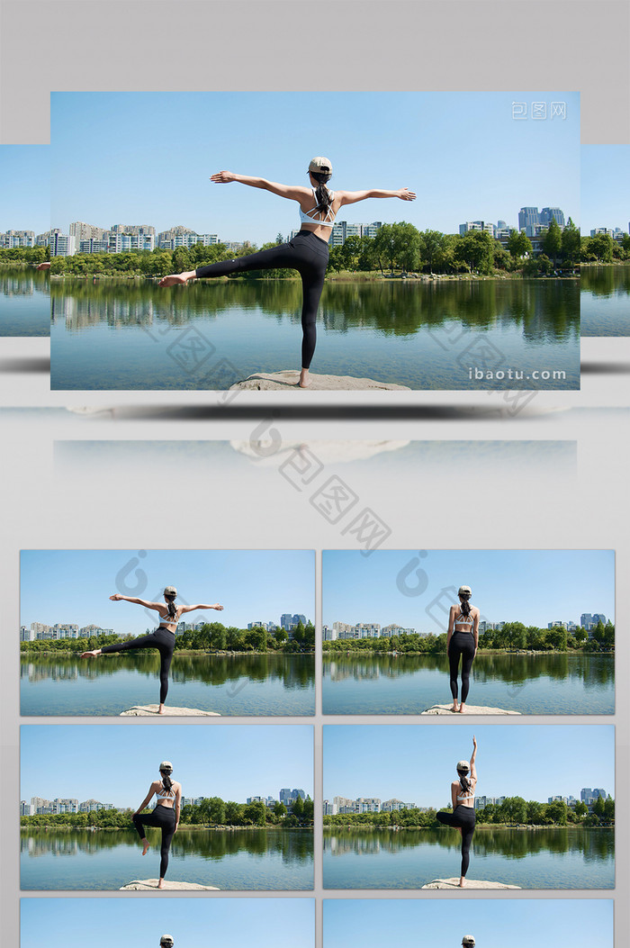 4K实拍瑜伽运动员湖边锻炼视频素材
