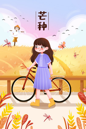 芒种中国二十四节气麦田自行车夏天蜻蜓插画