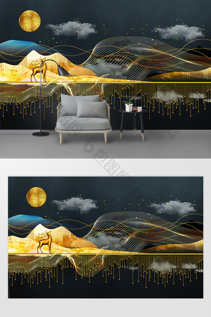 新中式轻奢抽象金色线条麋鹿山水背景墙图片图片