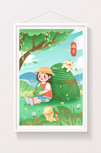 端午节院子里抱粽子乘凉的女孩插画图片
