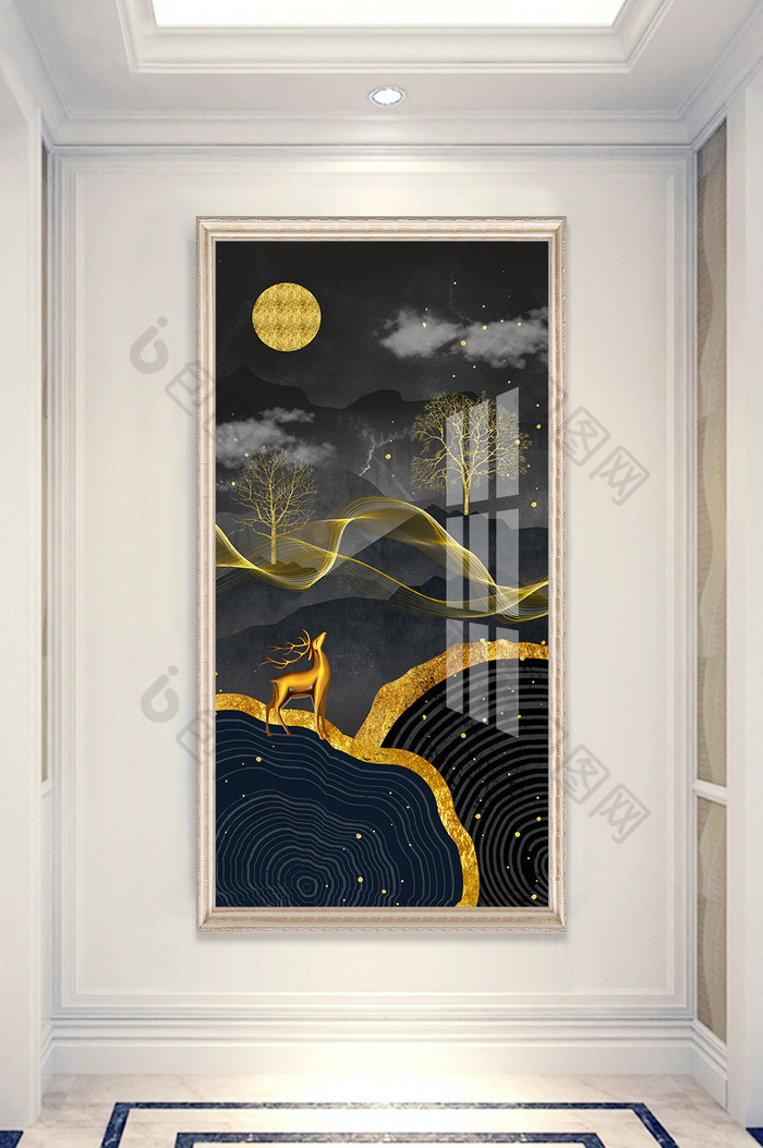 新中式大气山水金色麋鹿抽象线条玄关装饰画图片图片