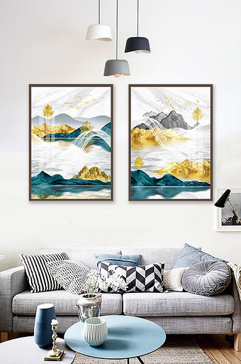 新中式抽象轻奢山水线条金色客厅装饰画图片