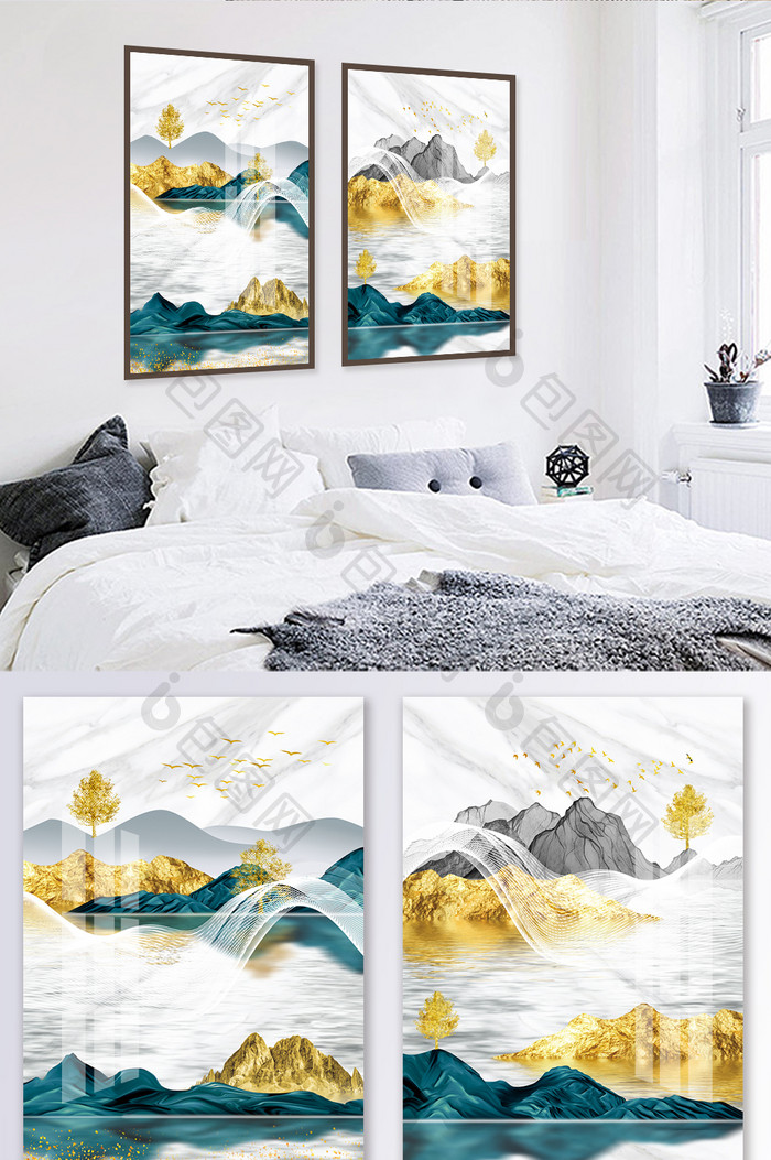 新中式抽象轻奢山水线条金色客厅装饰画