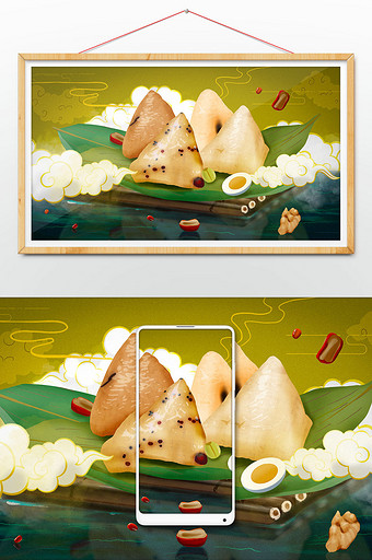 清新端午节日传统食品吃粽子包装海报插画图片