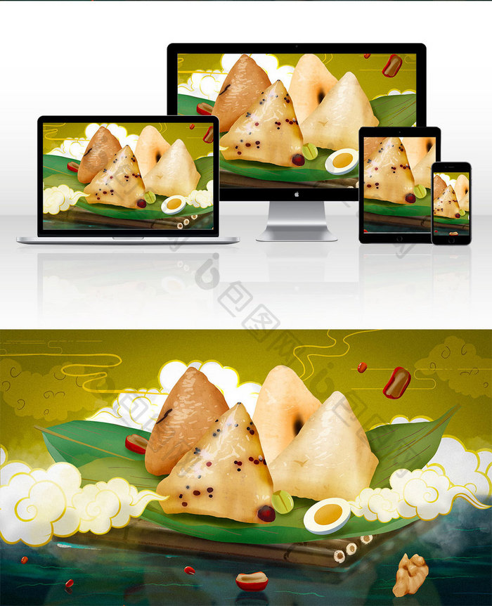 清新端午节日传统食品吃粽子包装海报插画