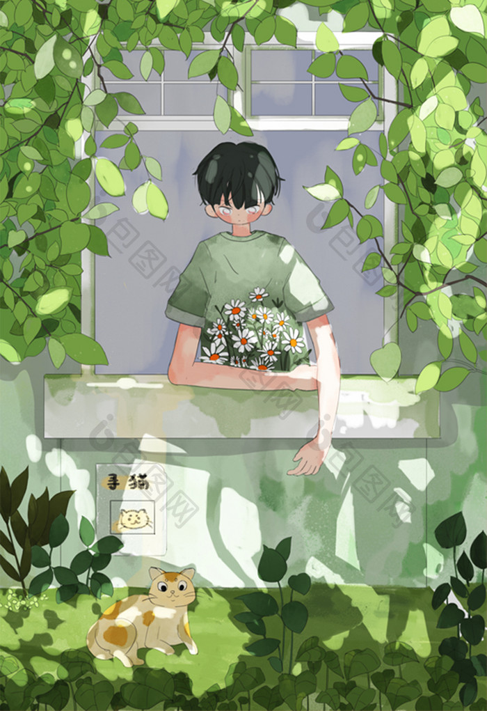绿色植物背景男孩倚窗毕业季插图