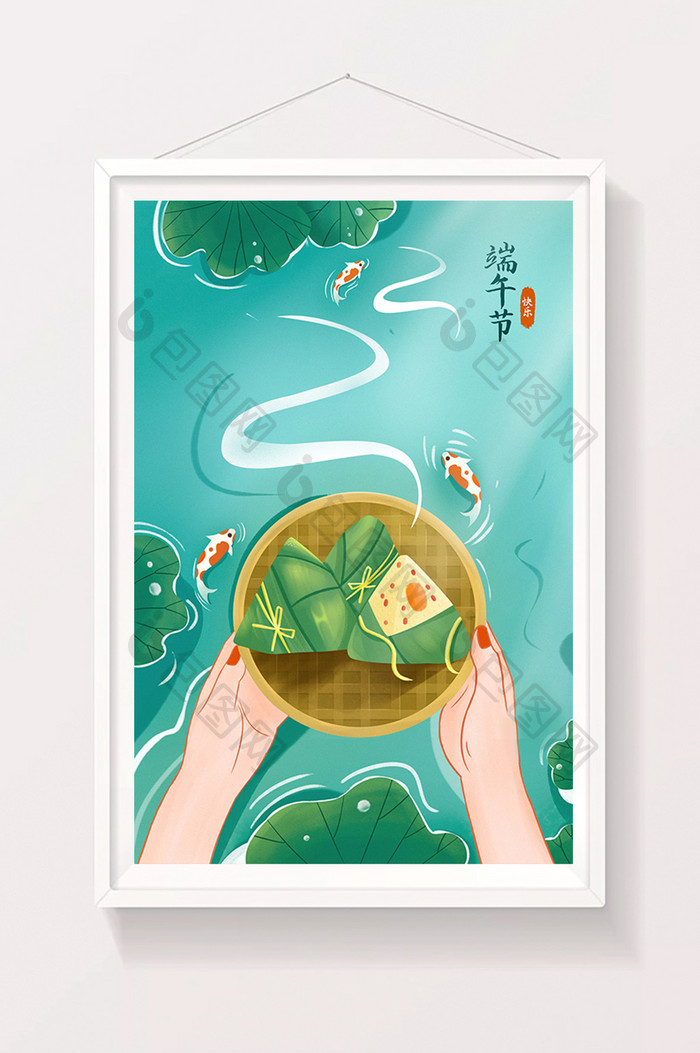 海报背景背绿色手绘中国风端午节节日插画