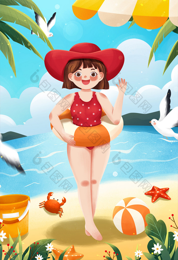 二十四节气夏至海边游泳圈女孩夏天插画