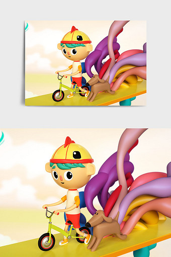 彩色卡通风格儿童骑车小狗奔跑C4D元素图片