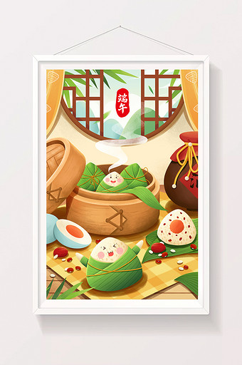 清新五月初五端午节吃粽子插画图片