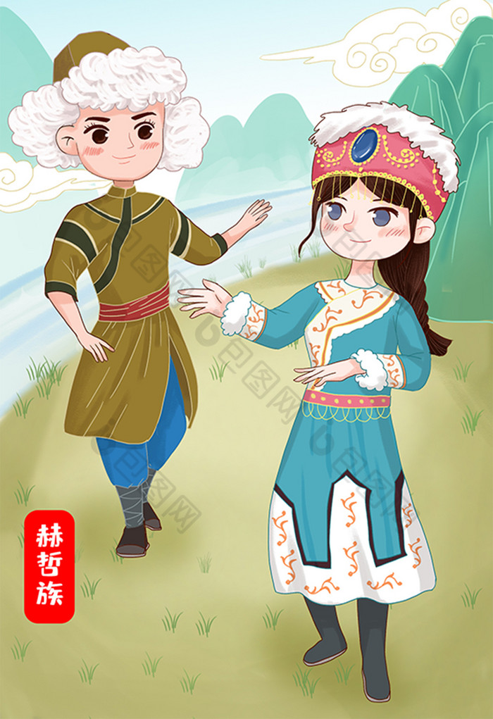 国风少数民族赫哲族男女跳舞插画