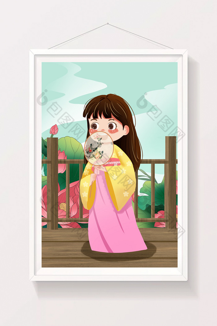 中国传统文化刺绣古风汉服女装彩色花卉插画