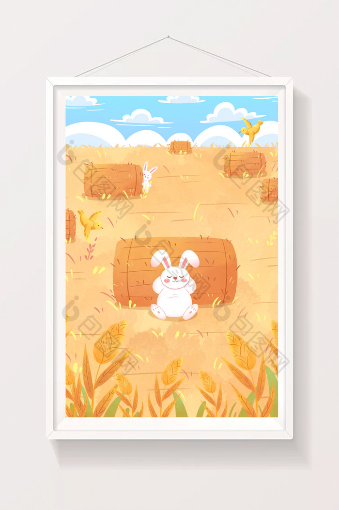 芒种节气麦田里的兔子插画