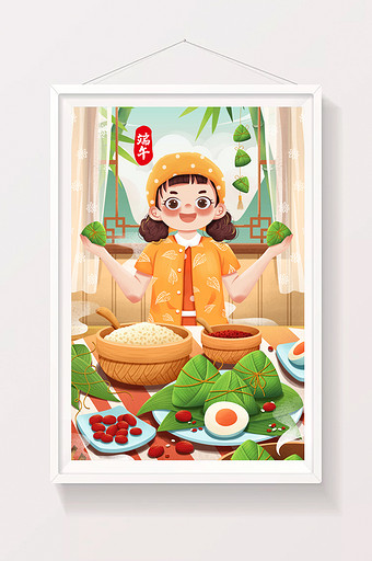 五月初五端午节包粽子女孩吃粽子插画图片
