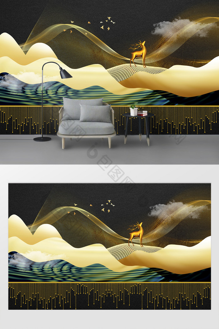 新中式轻奢抽象山水金色线条麋鹿背景墙图片图片