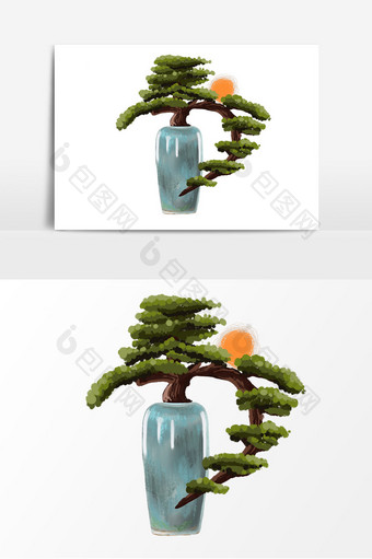 手绘新中式盆景松树植物元素图片