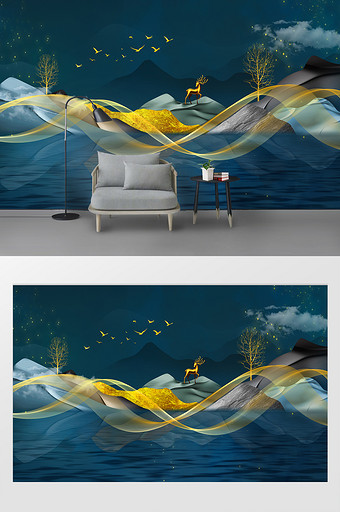 新中式抽象山水线条麋鹿金箔材质背景墙图片
