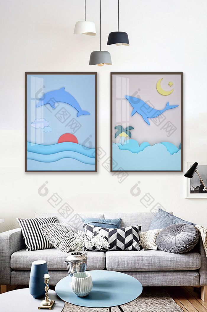 蓝色现代海洋动物剪纸装饰画