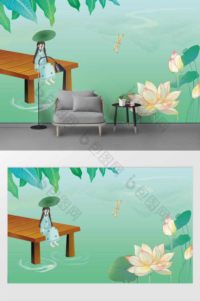 新中式夏日花卉植物背景墙图片图片